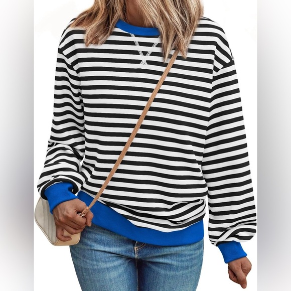 Trendy Queen Crewneck Black/White Striped Long Sleeve Sweatshirt w/ Blue Trim LG - Picture 1 of 5